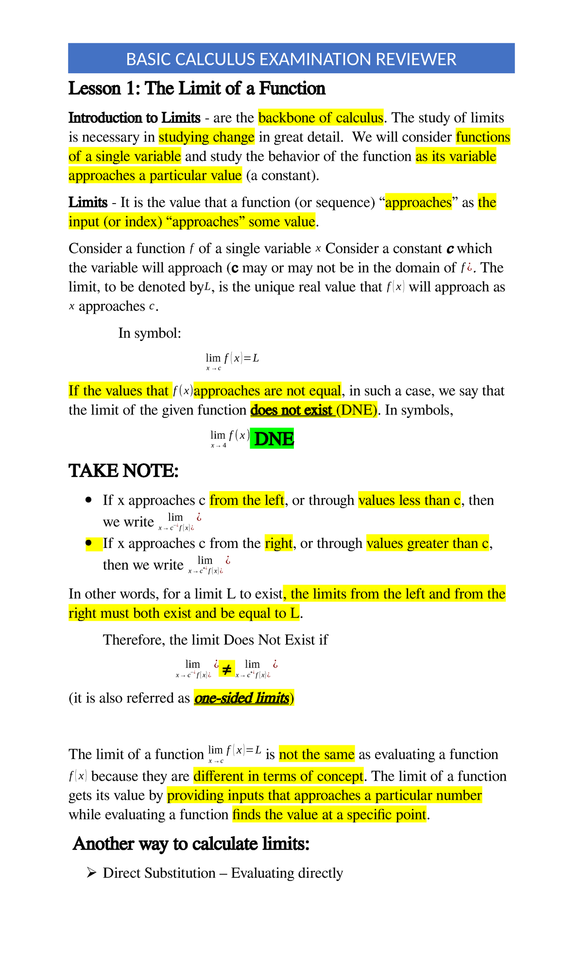 Basic Cal Exam - Limits and Continuity Concepts - Studocu
