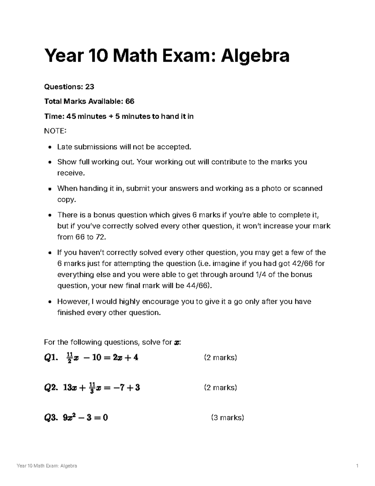 Yr 10 Math Exam: Algebra Questions & Marks Breakdown 2025 - Studocu