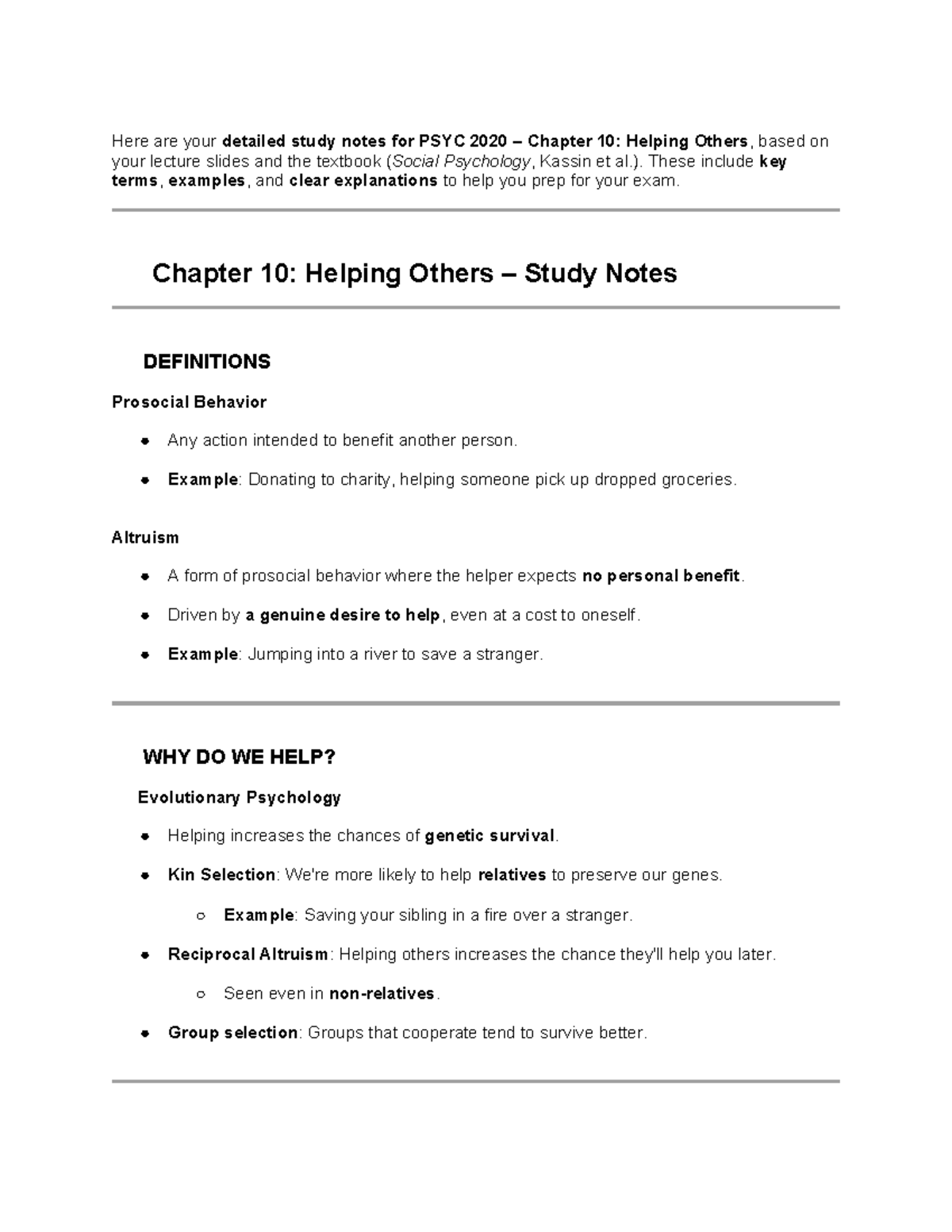 PSYC 2020 Chapter 10 study notes: Helping others and prosocial behavior ...