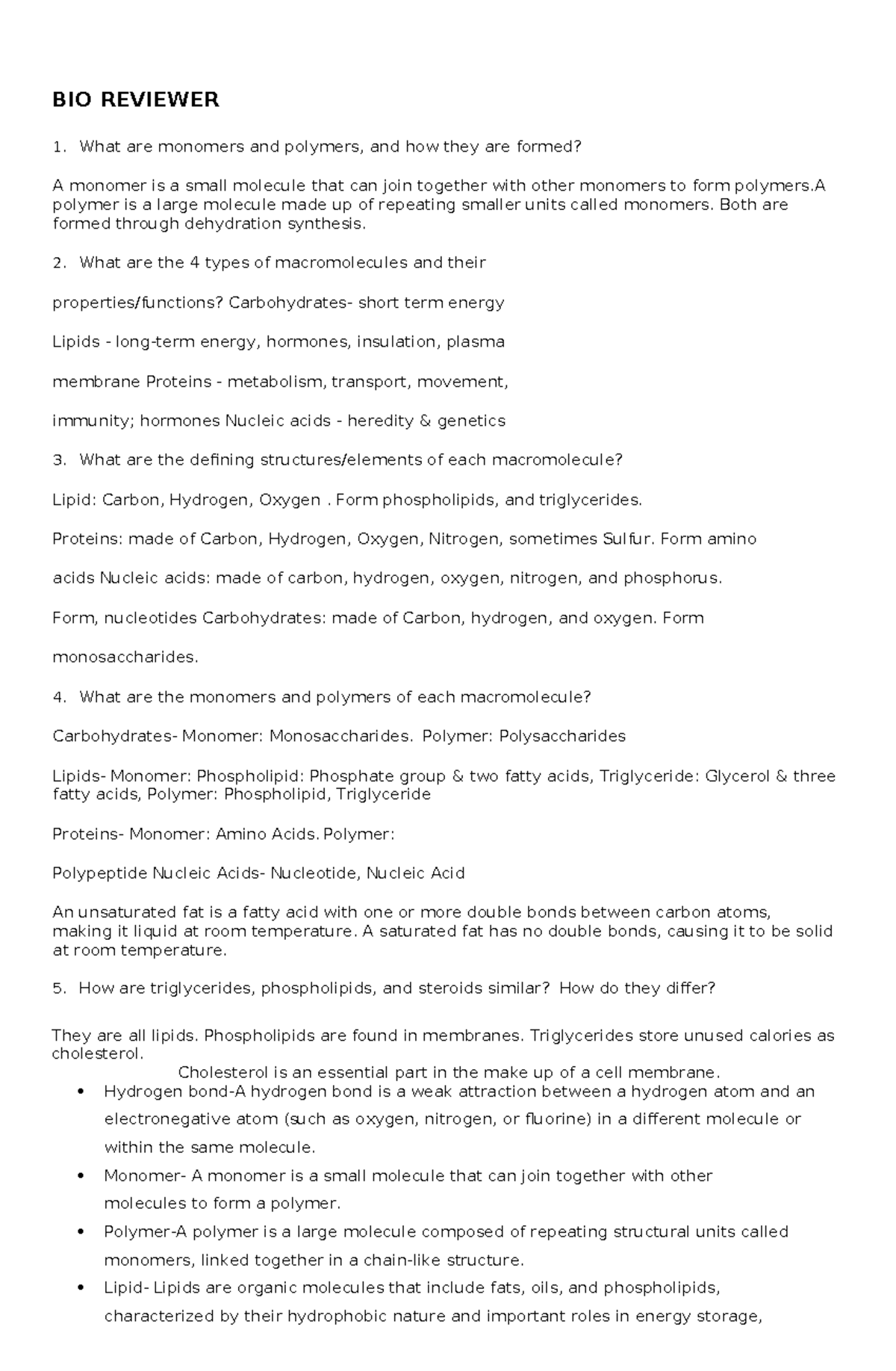BIO 101: Comprehensive Biology Reviewer on Macromolecules and Cell ...
