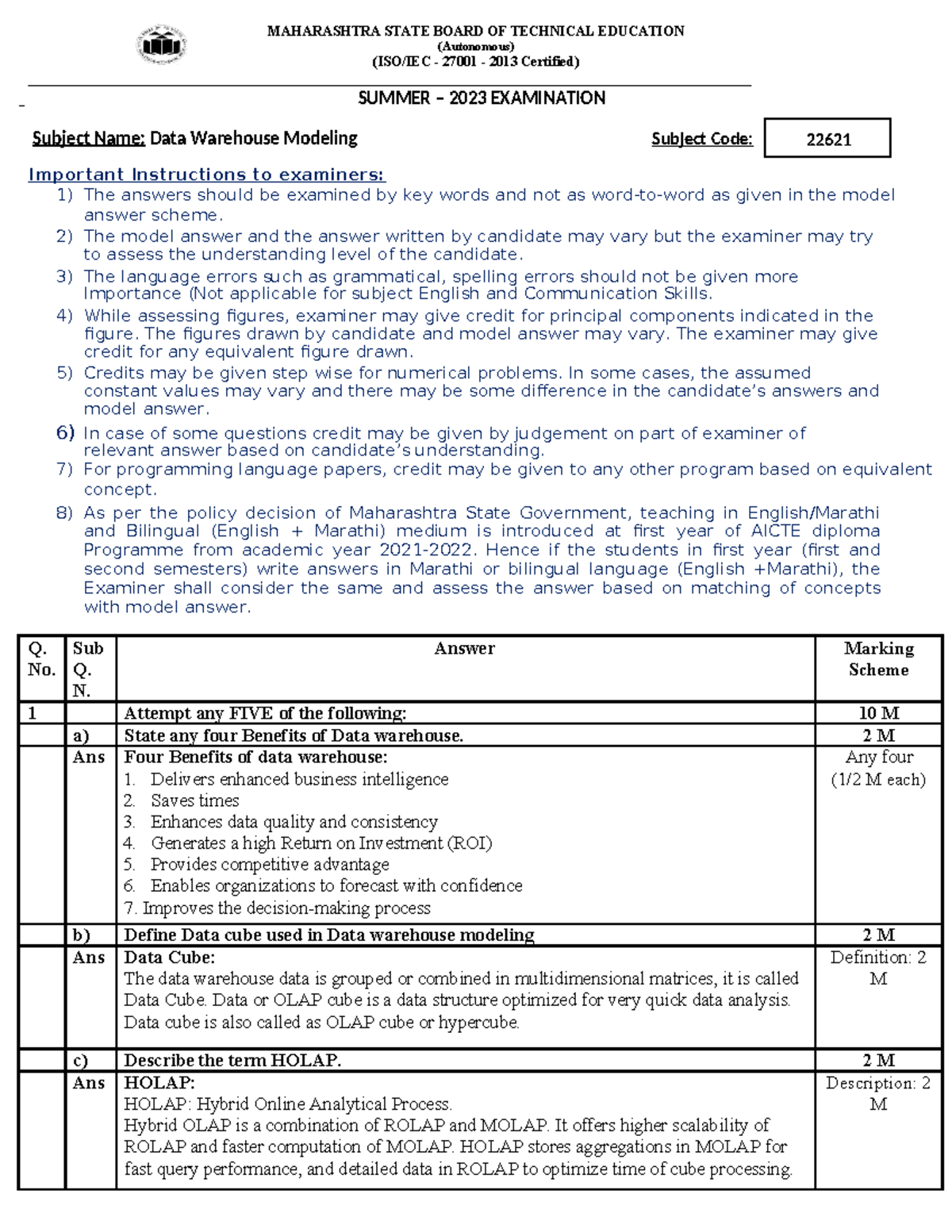 DWM Model Answer Paper for Data Warehouse Modeling (22621) - Summer ...
