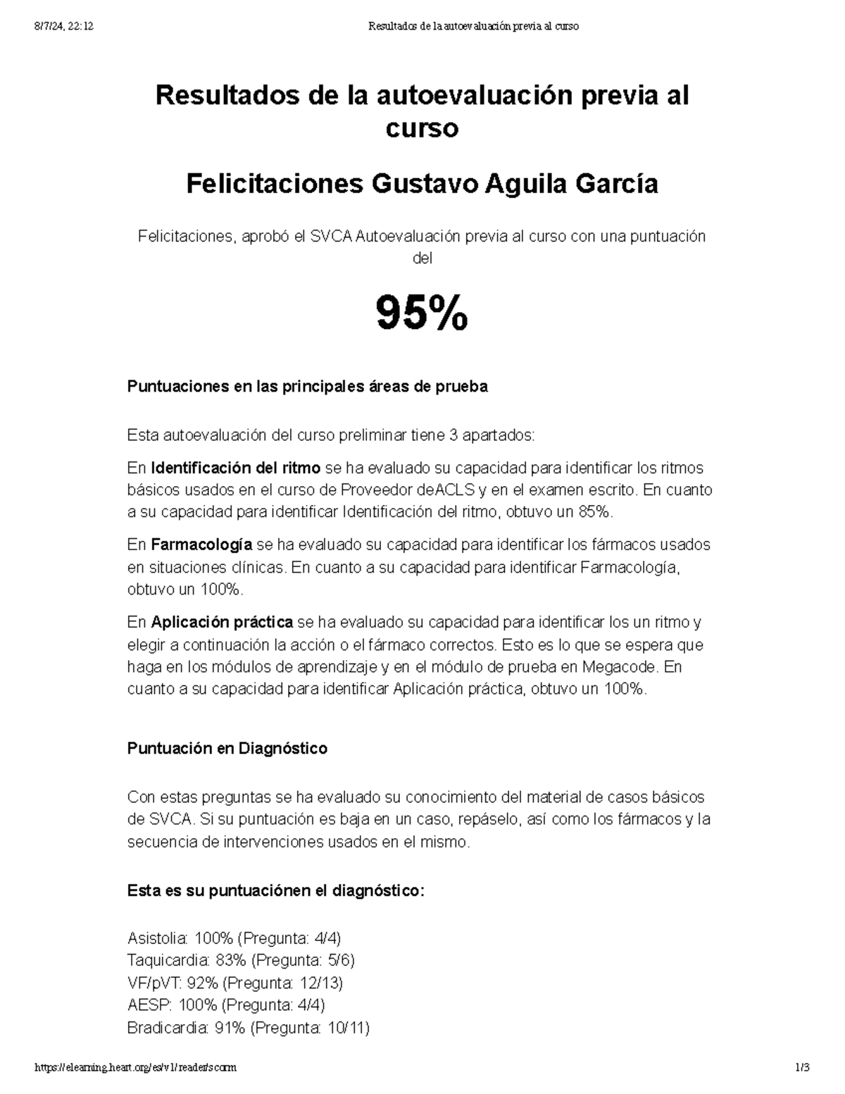 Resultados de Autoevaluación Previa al Curso SVCA AHA de 95% - Studocu
