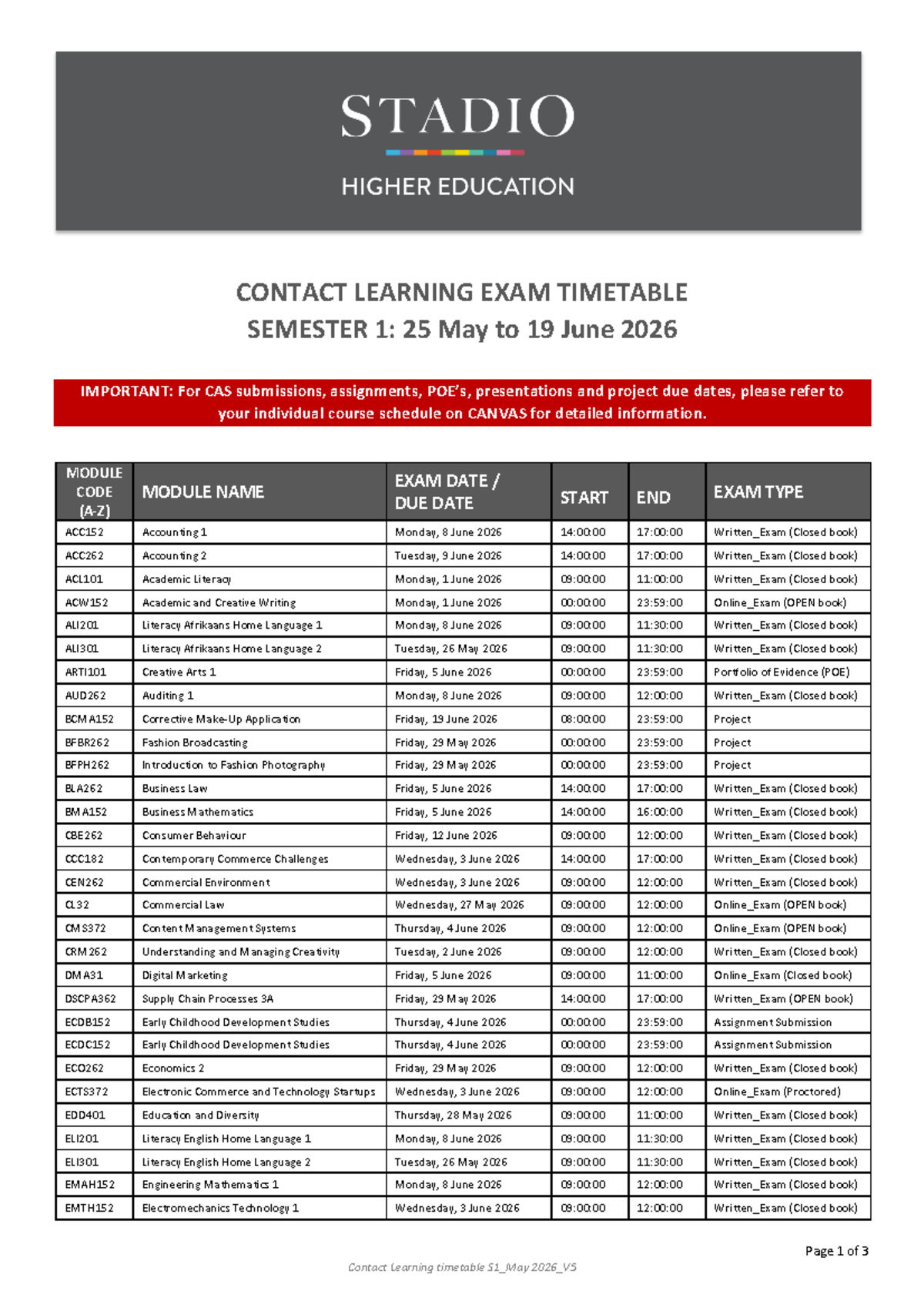 Exam Timetable S1 2026 CL (A-Z) Final Version - Studocu