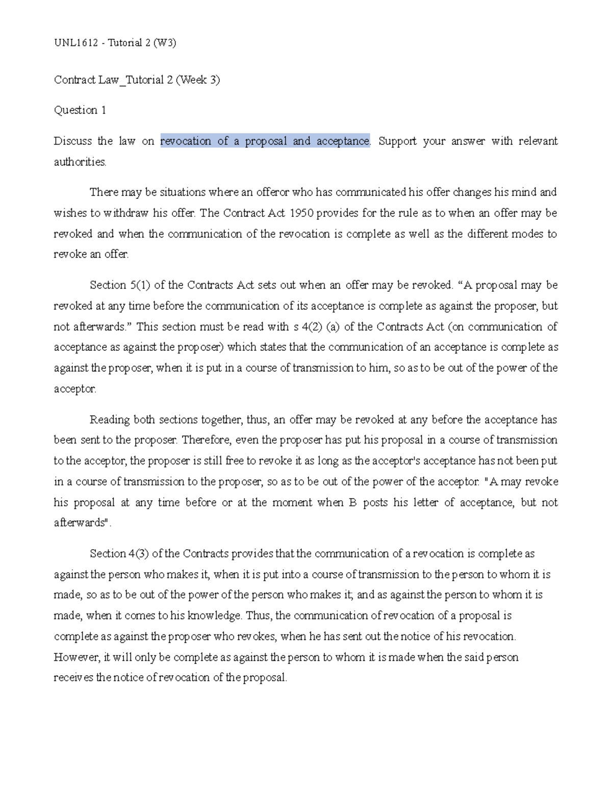 Contract Law Tutorial 2 (Week 3): Invitation to Treat vs. Offer ...