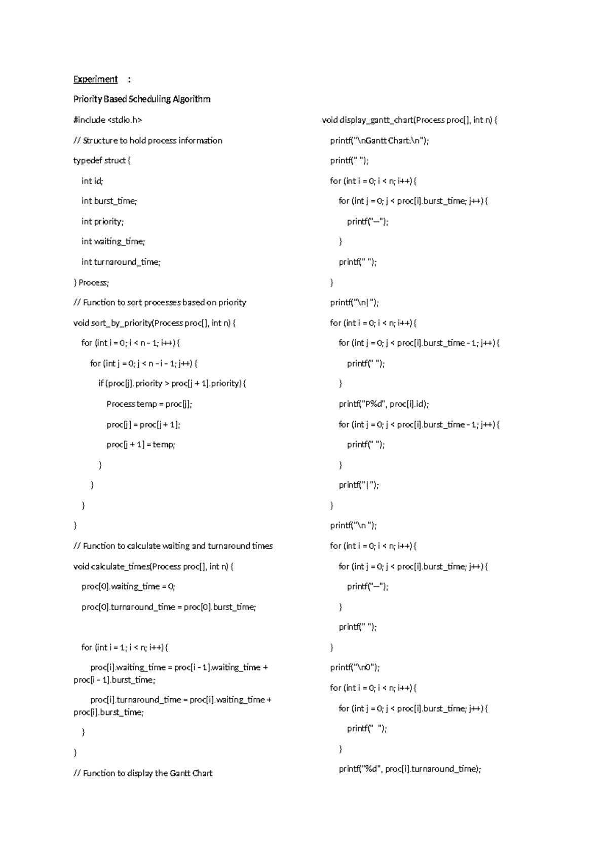 SPOS Experiment 7: Priority Based Scheduling Algorithm Code - Studocu
