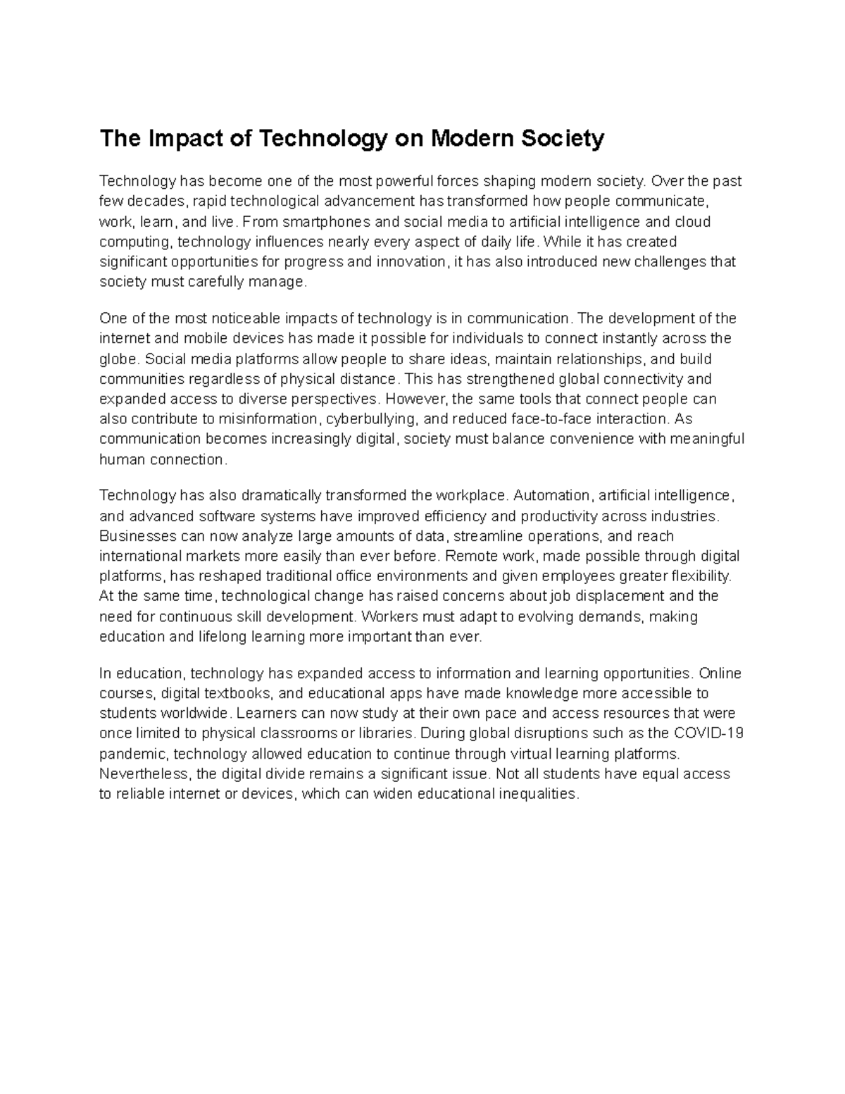 Essay Notes: The Impact of Technology on Modern Society - Studocu