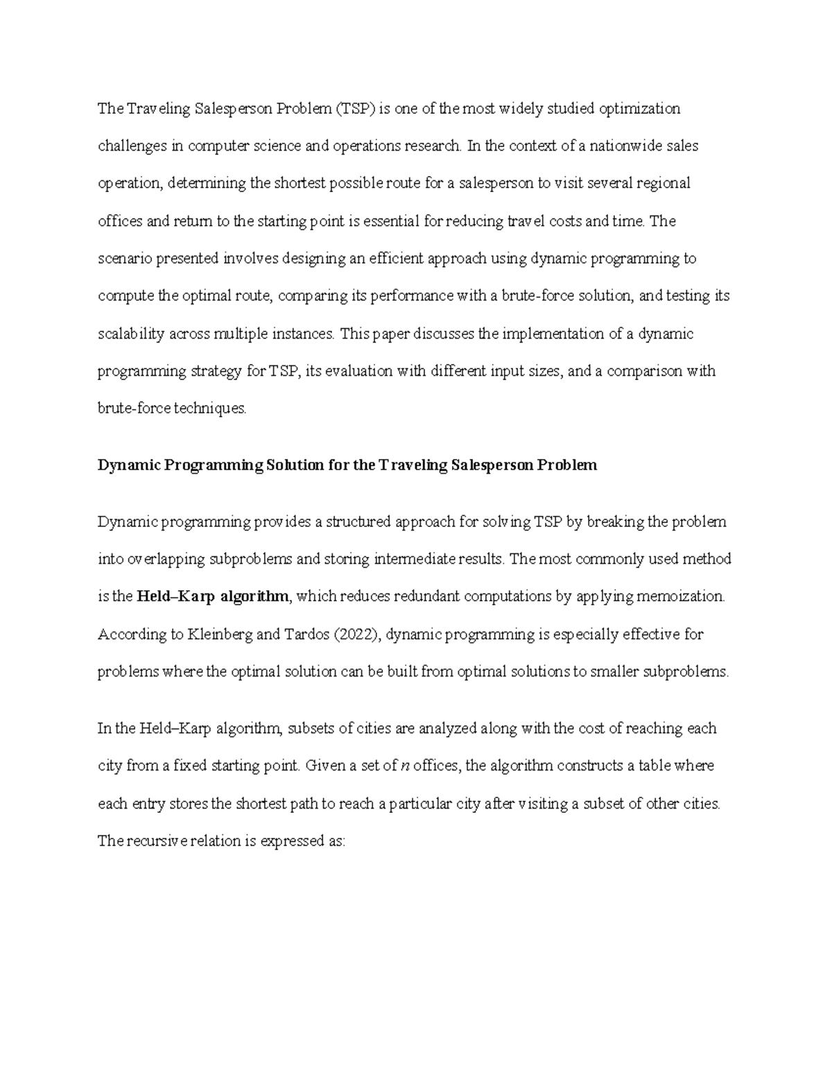 CS 3304-01 Assignment: Dynamic Programming for TSP Optimization - Studocu