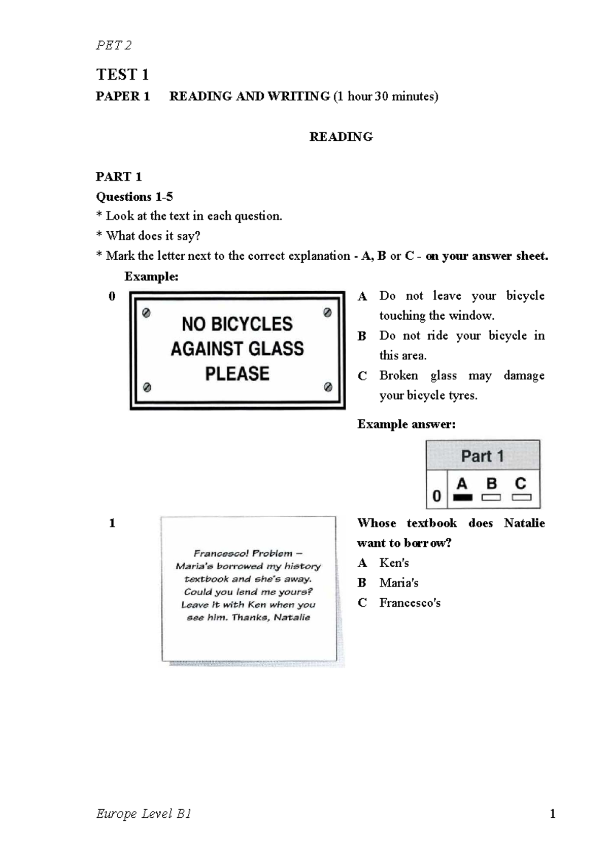 PET 2 TEST 1 PAPER 1 READING & WRITING (1.5 hours) - Studocu