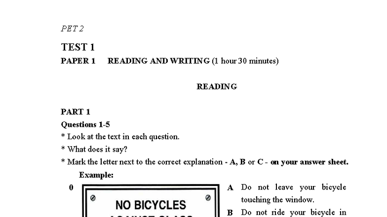 PET 2 TEST 1 PAPER 1 READING & WRITING (1.5 hours) - Studocu