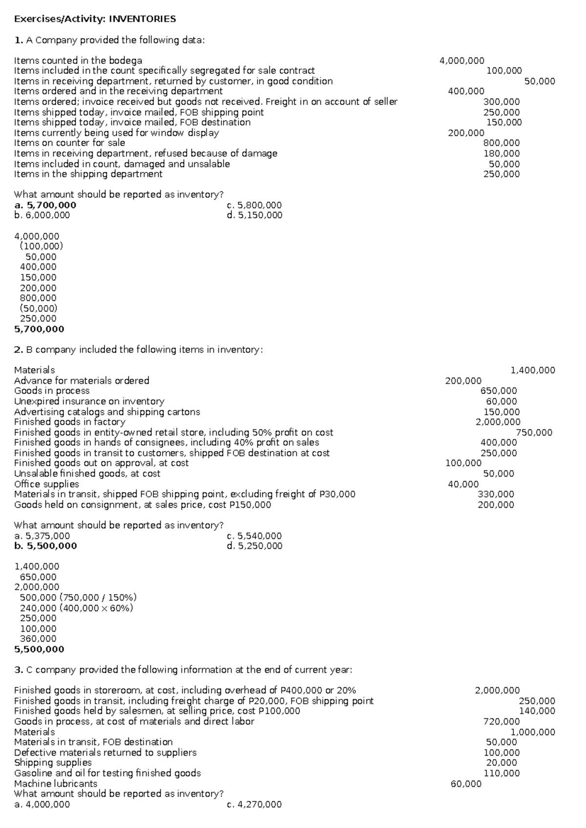 Inventory Exercises with Answer Key (Course Code: ACC101) - Studocu