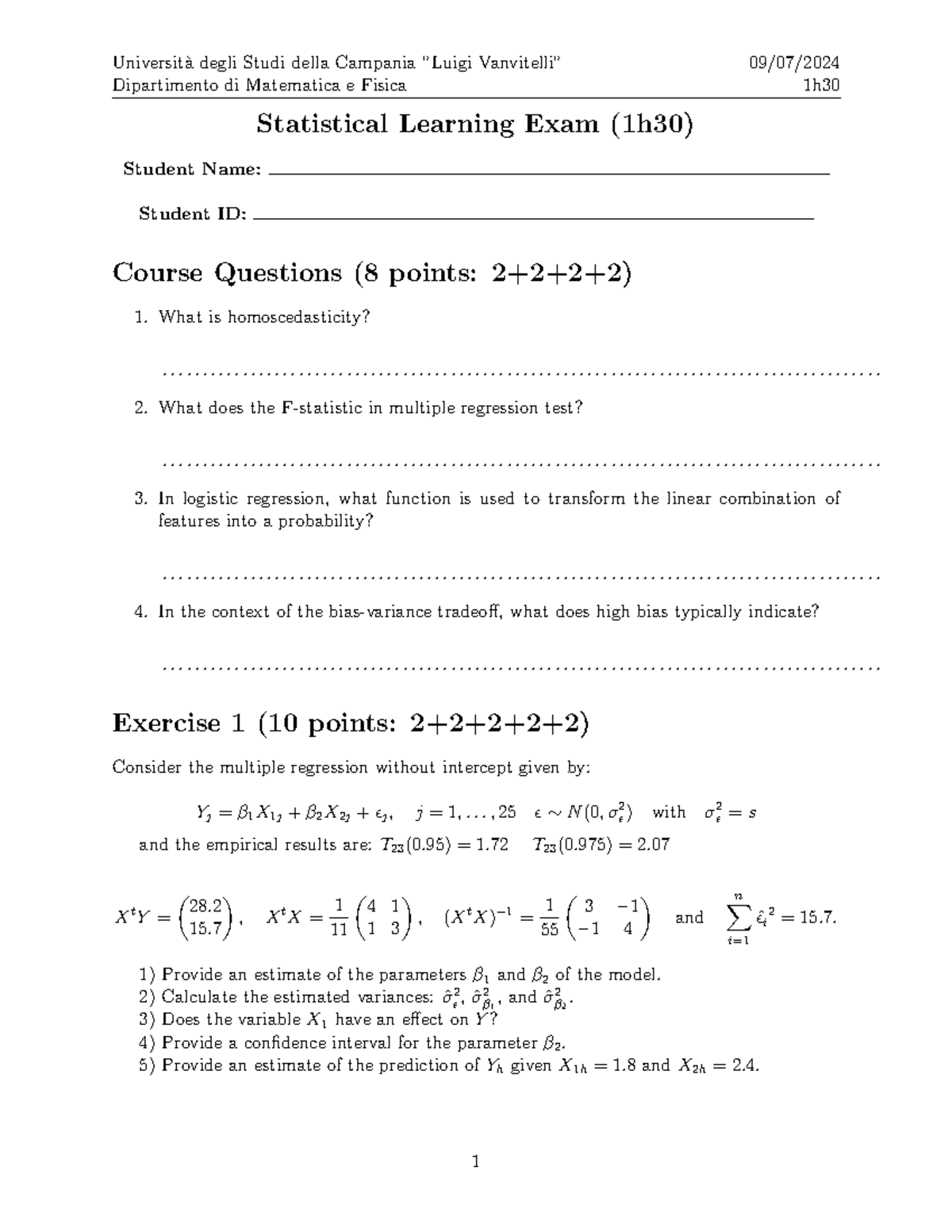 Statistical Learning Final Exam - Matematica e Fisica - UniCampania ...