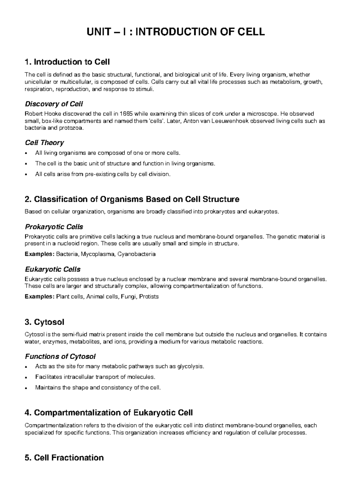 BIO101: Unit I - Introduction to Cell Detailed Notes - Studocu
