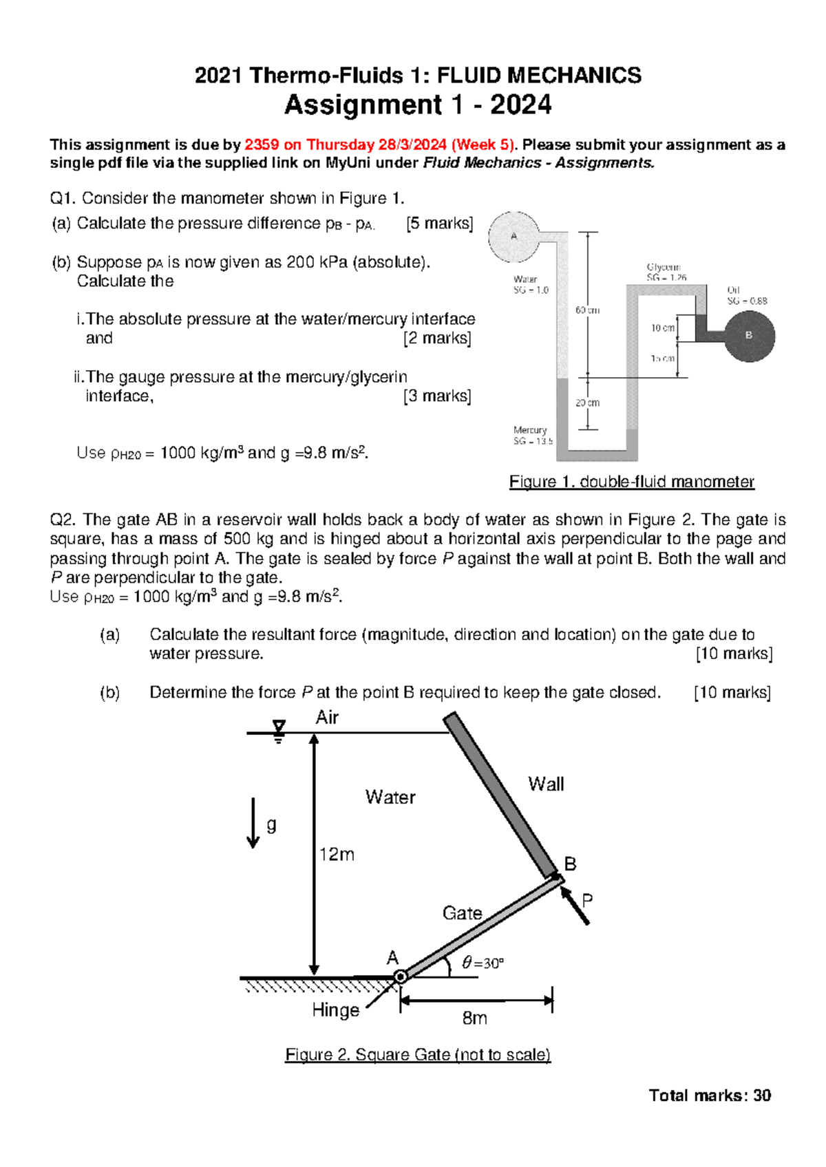 2024 FM1 Assignment 1 - 2021 Thermo-Fluids 1: FLUID MECHANICS ...