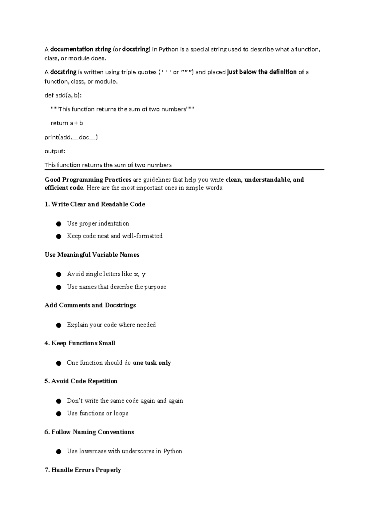 Docstring and Good Programming Practices in Python - CS101 - Studocu
