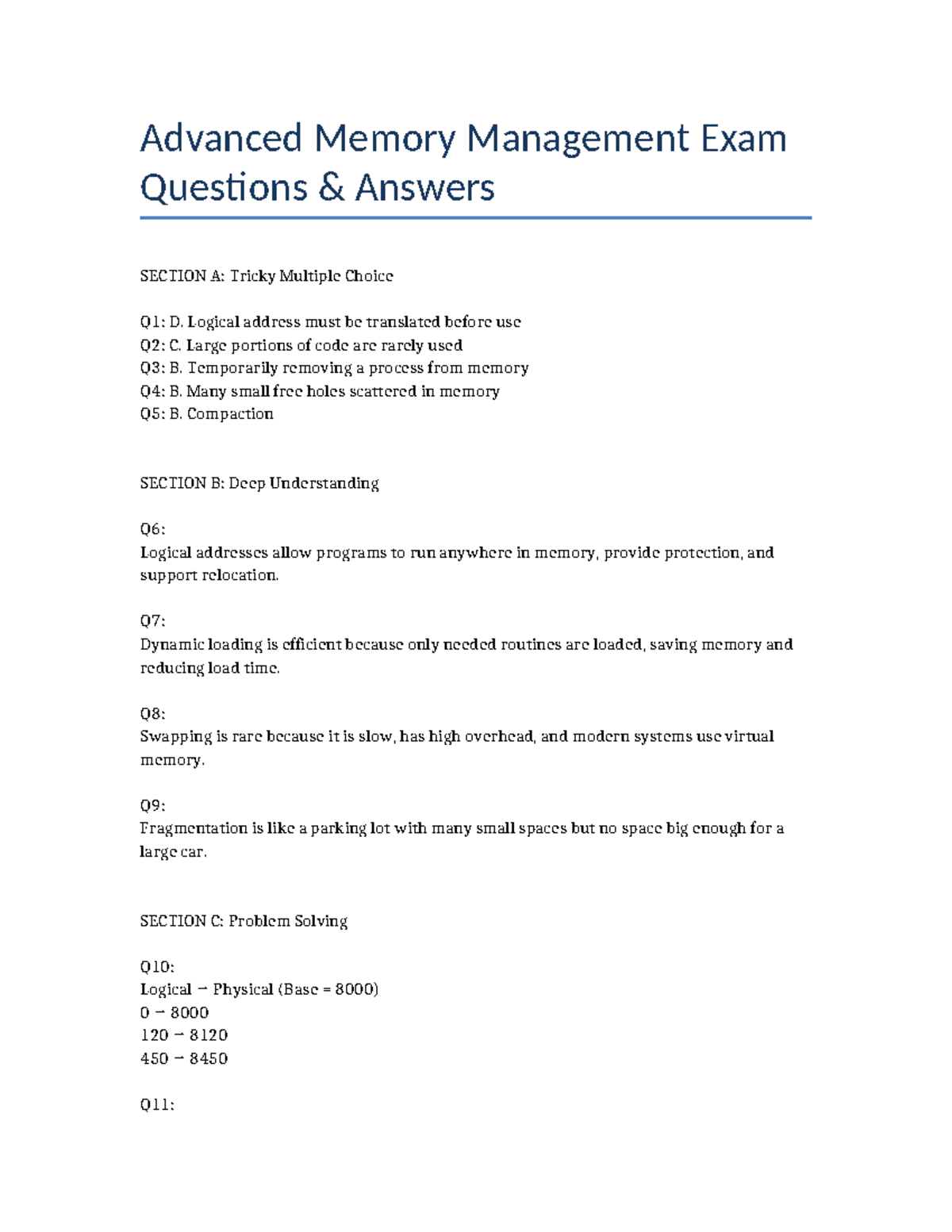 Advanced Memory Management Exam Q&A: Key Concepts & Solutions - Studocu