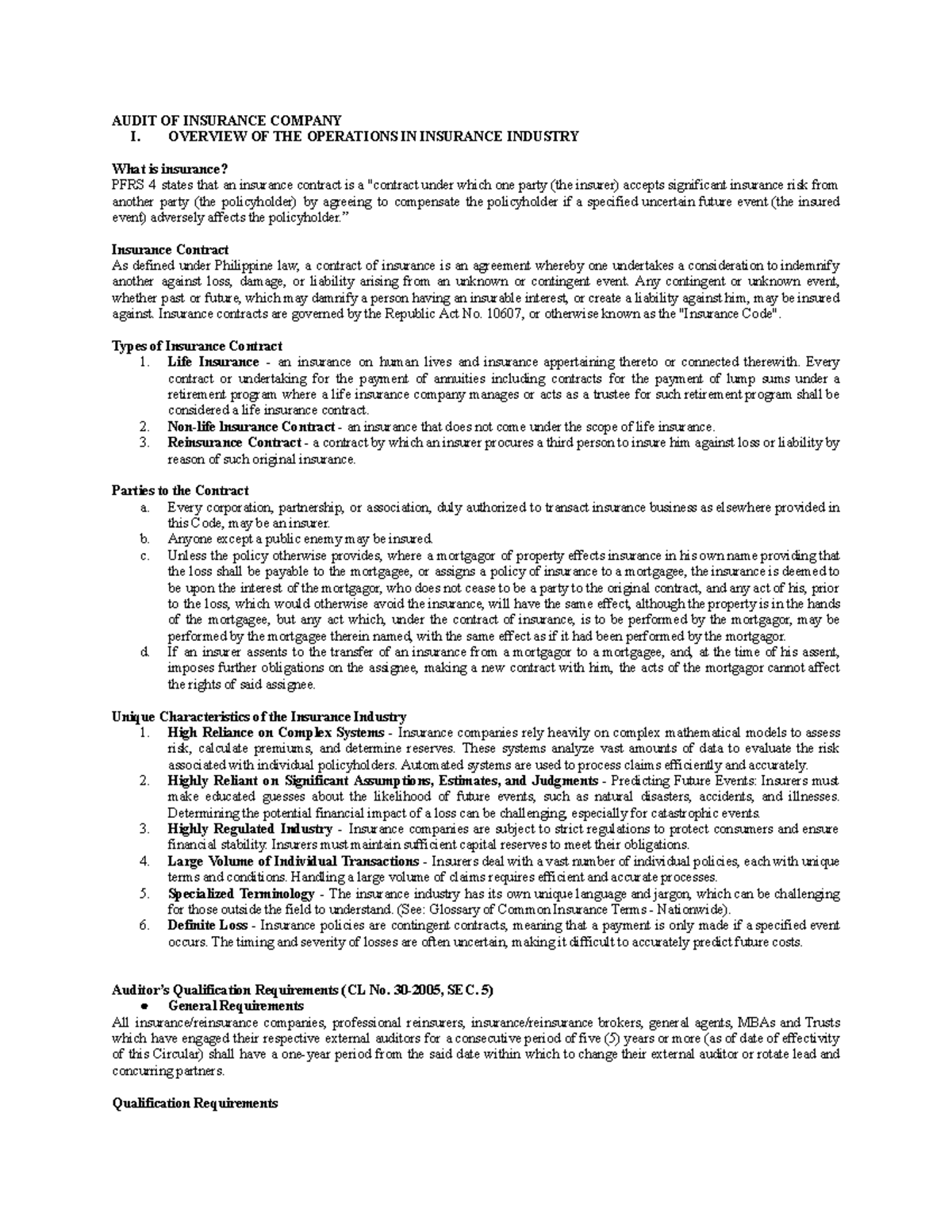 AUDIT OF INSURANCE COMPANY: OPERATIONS & REGULATIONS OVERVIEW - Studocu