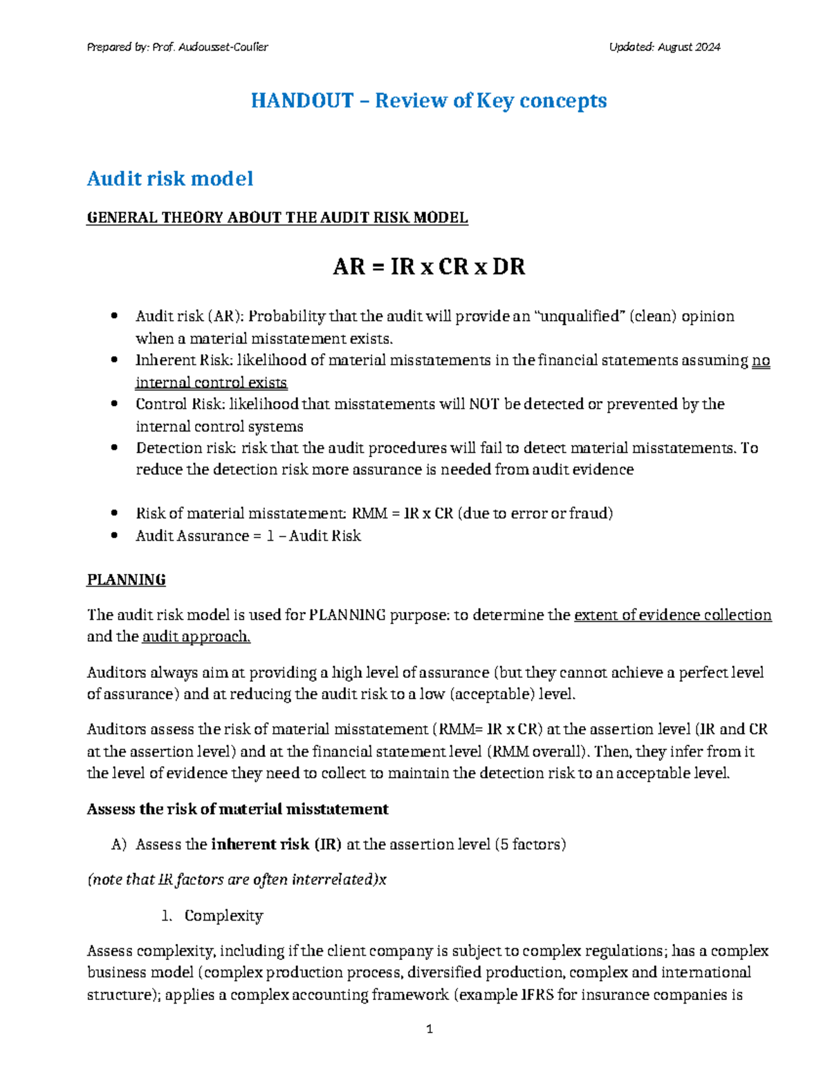 L1 - Handout: Key Concepts of Audit Risk Model - Studocu