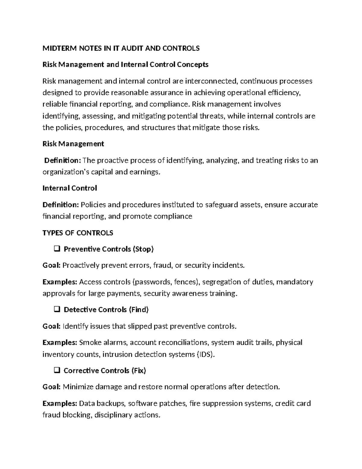 MIDTERM NOTES IN IT AUDIT & CONTROLS: Risk Management Concepts - Studocu