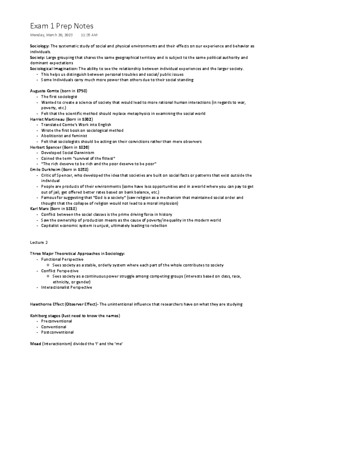 SOCI 111 - Exam 1 Review: Key Concepts & Theories in Sociology - Studocu