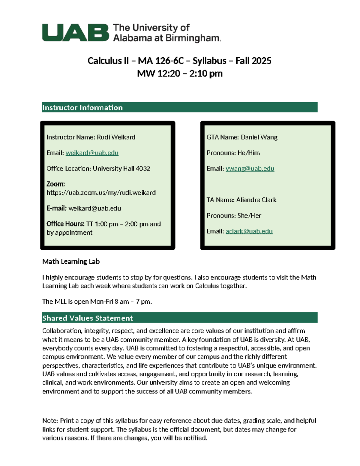Calculus II MA126 Syllabus - Fall 2025 (MW 12:20-2:10 PM) - Studocu