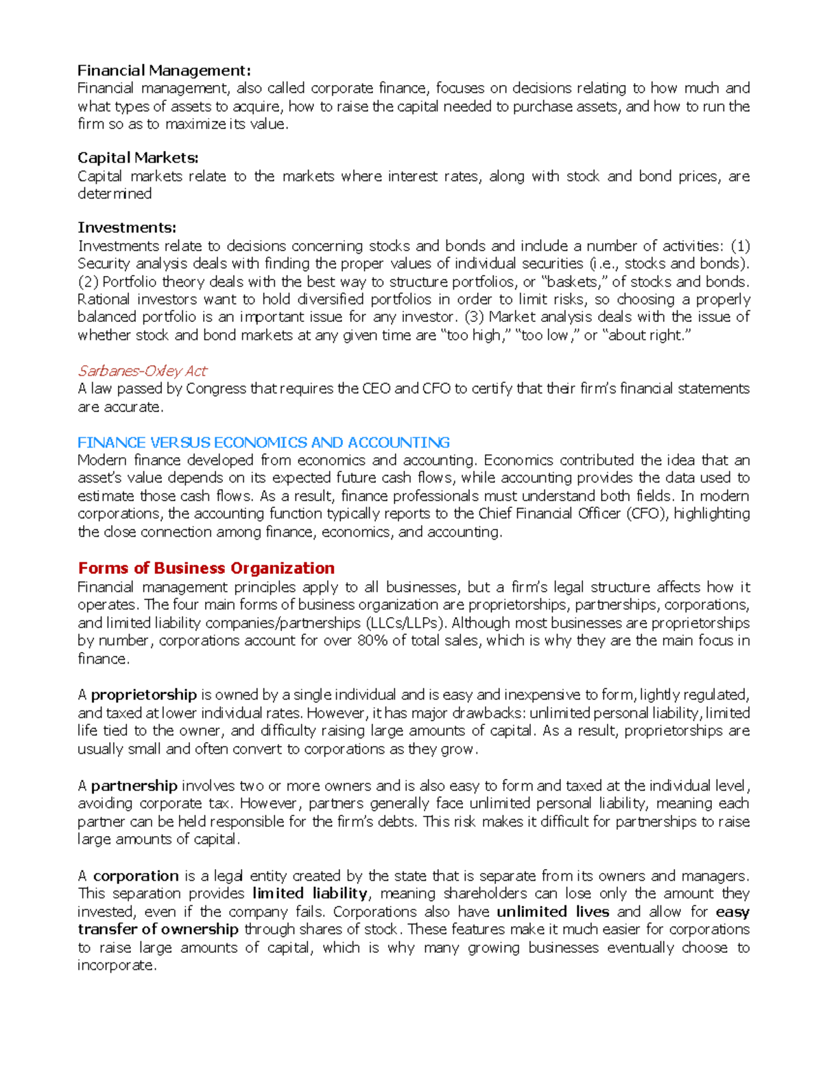 Financial Management (FIN 101): Chapter 1 Summary and Key Concepts ...