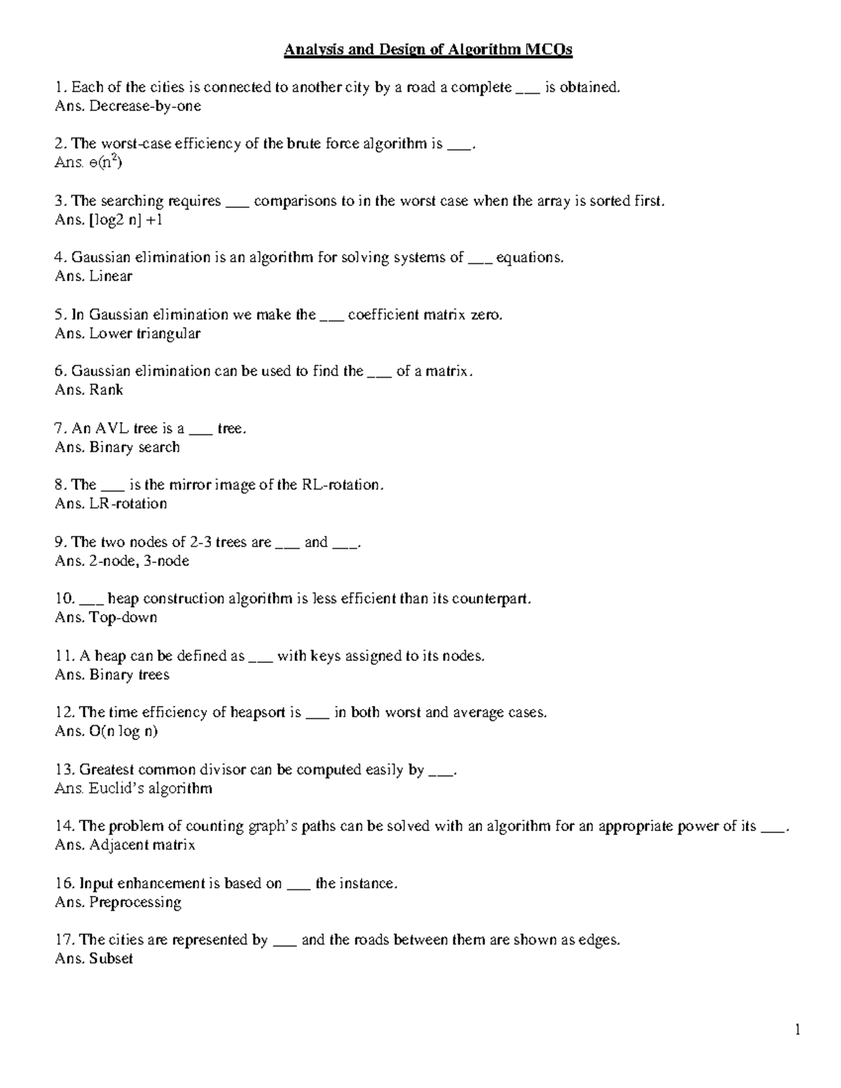 Analysis and Design of Algorithm MCQs - Study Guide - Studocu