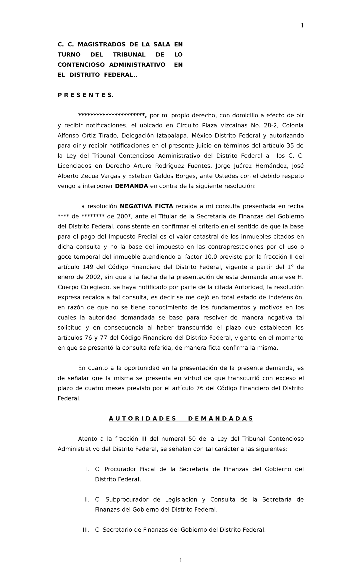 Demanda de Negativa Ficta en Contencioso Administrativo DF - Document Preview