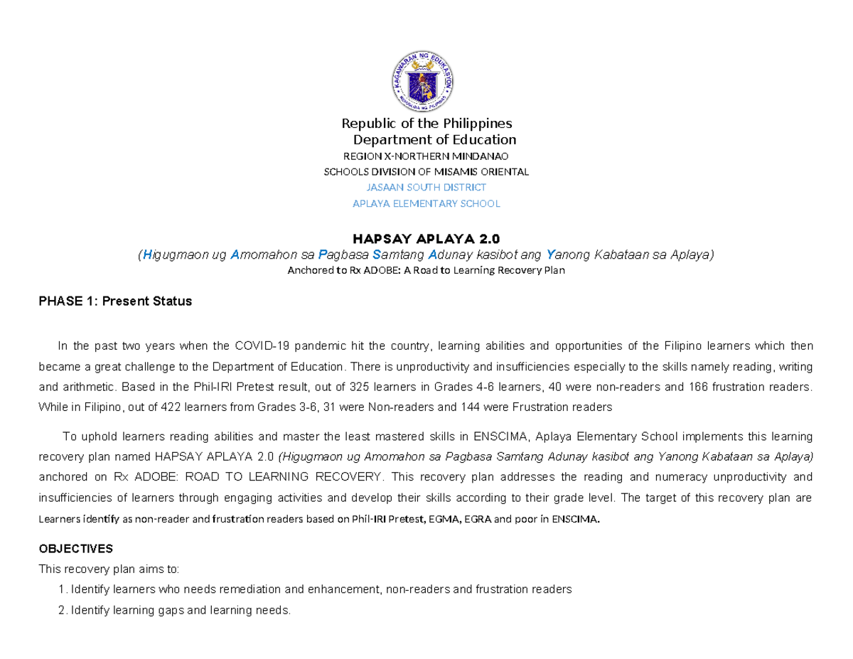 LRCP-1 - LRCP - Republic of the Philippines Department of Education ...