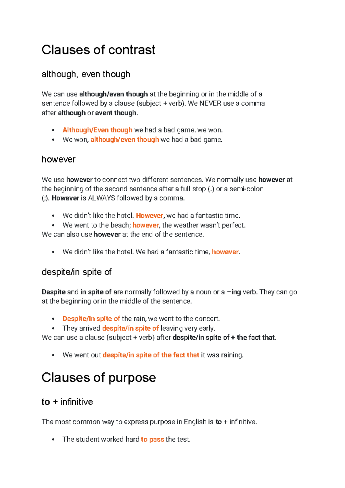 Clauses of Contrast and Purpose - ENGLISH 101 Notes - Studocu