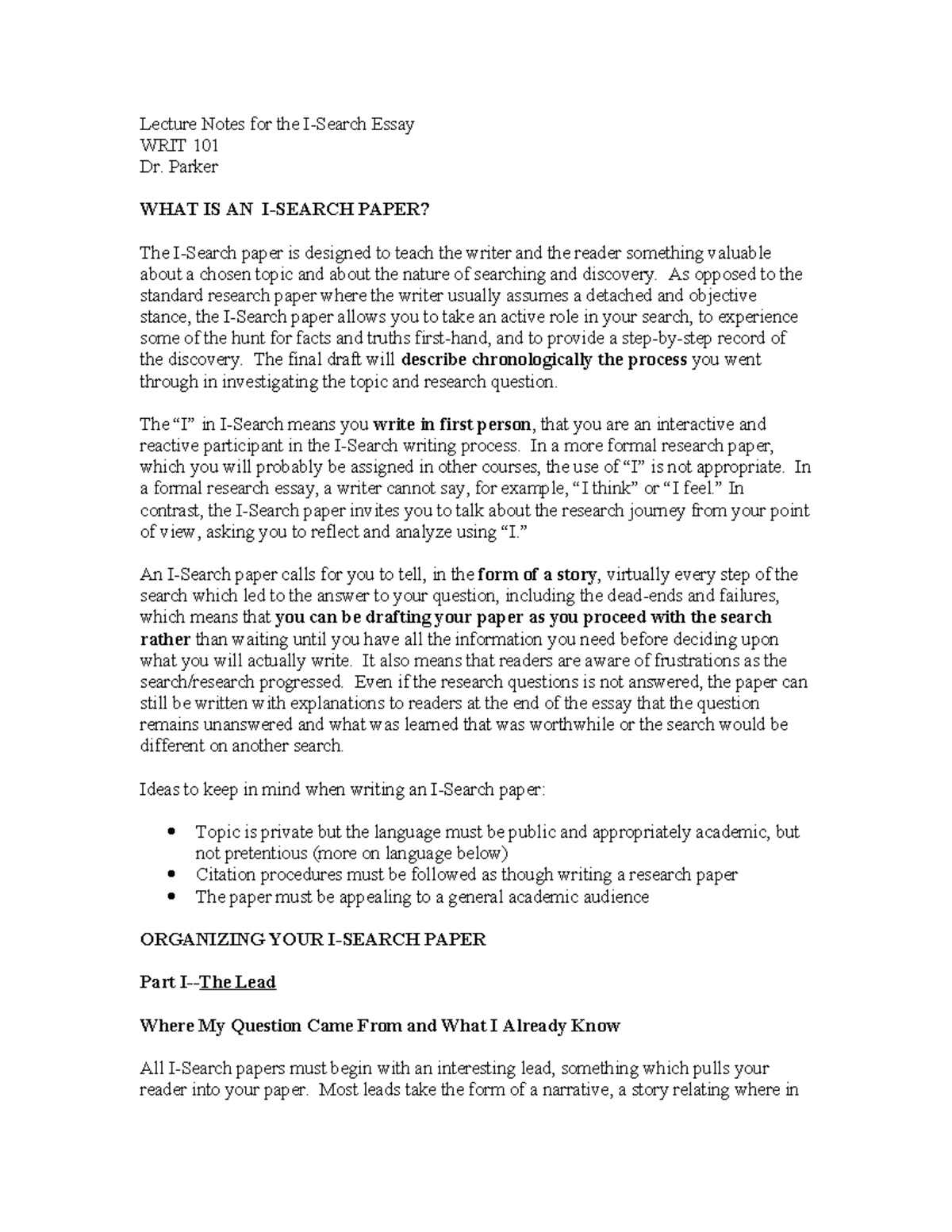 Lecture 2 notes - Lecture Notes for the I-Search Essay WRIT 101 Dr ...