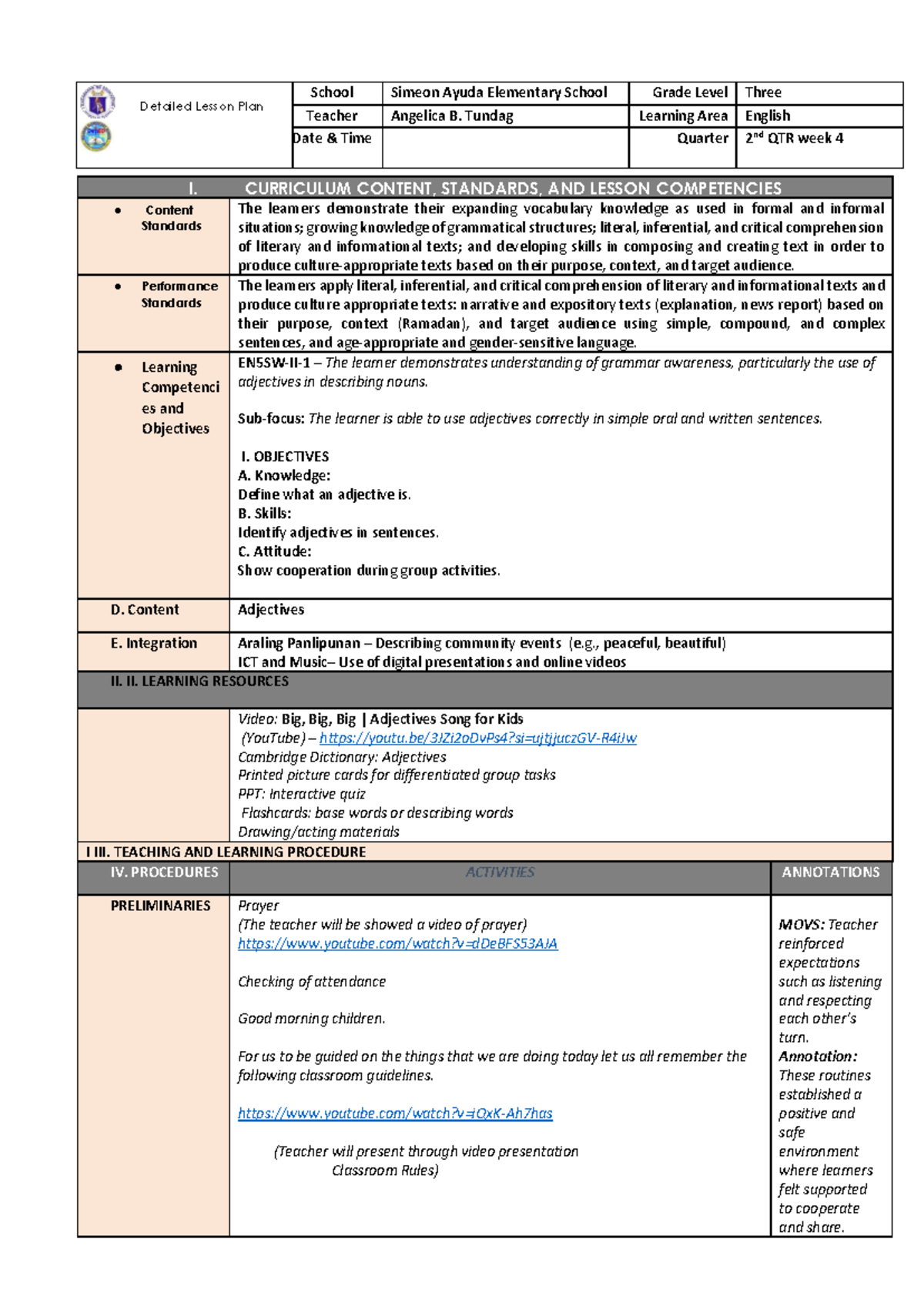 DLP - Detailed Lesson Plan on Adjectives for English 2nd QTR - Studocu