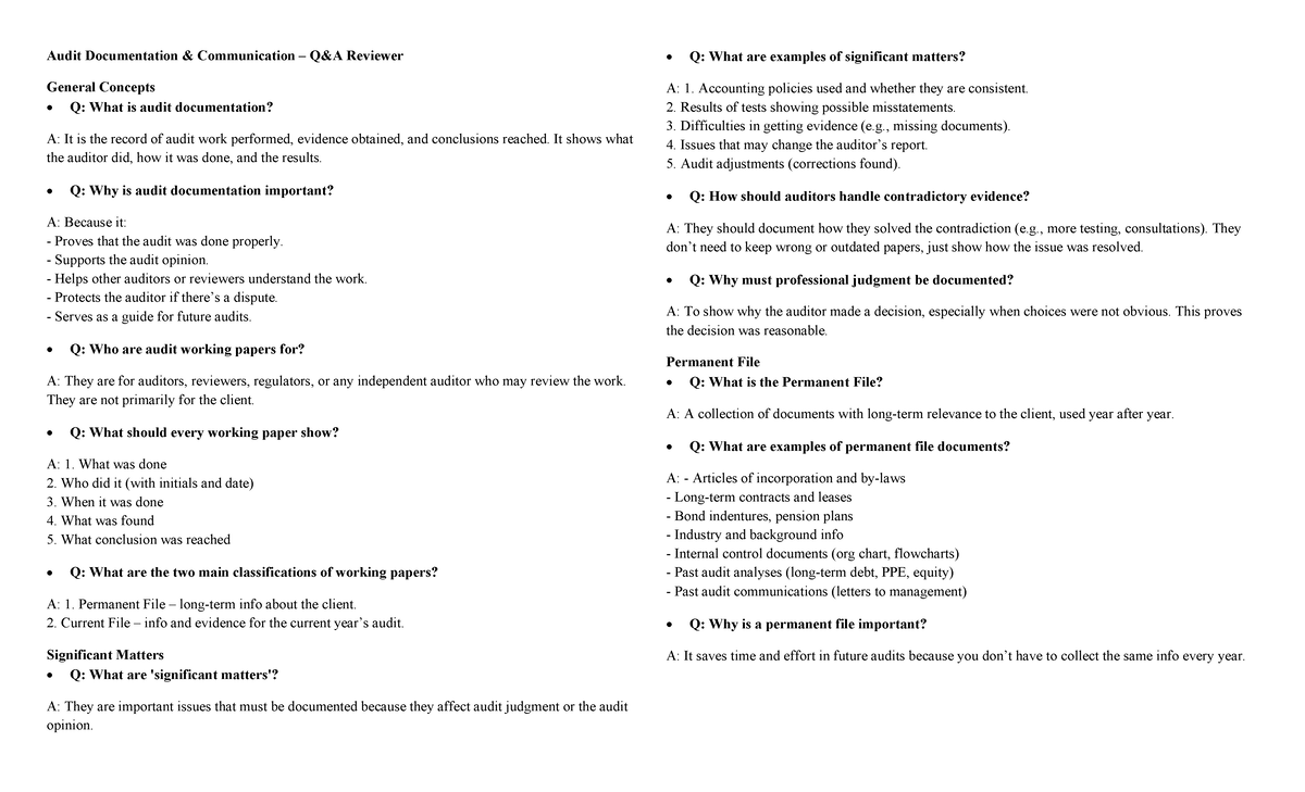 Audit Documentation QA Reviewer: Key Concepts and Importance - Studocu