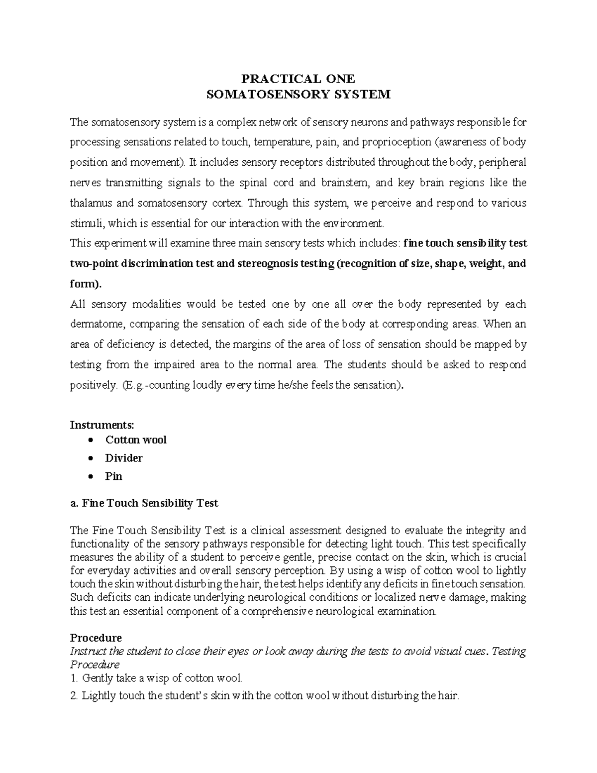 PRACTICAL 1: Somatosensory System Tests and Assessments - Studocu