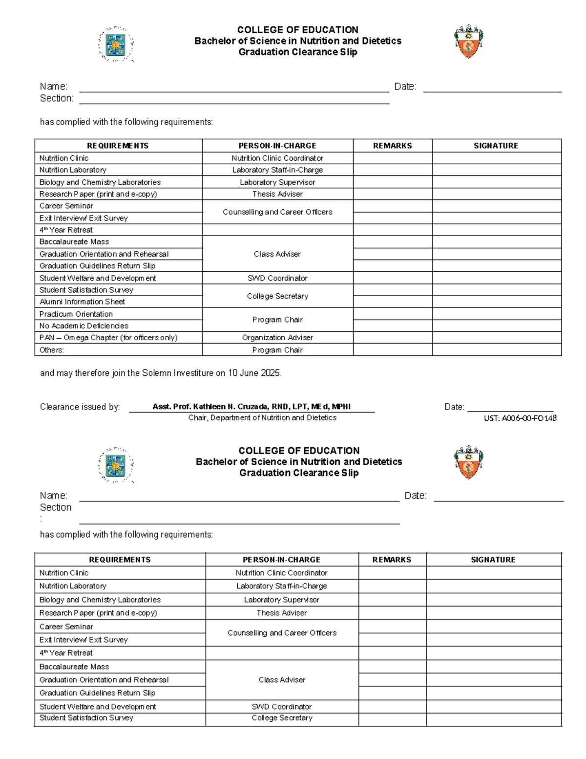 04 Graduation Clearance Slip BSND 2025 - COLLEGE OF EDUCATION Bachelor ...
