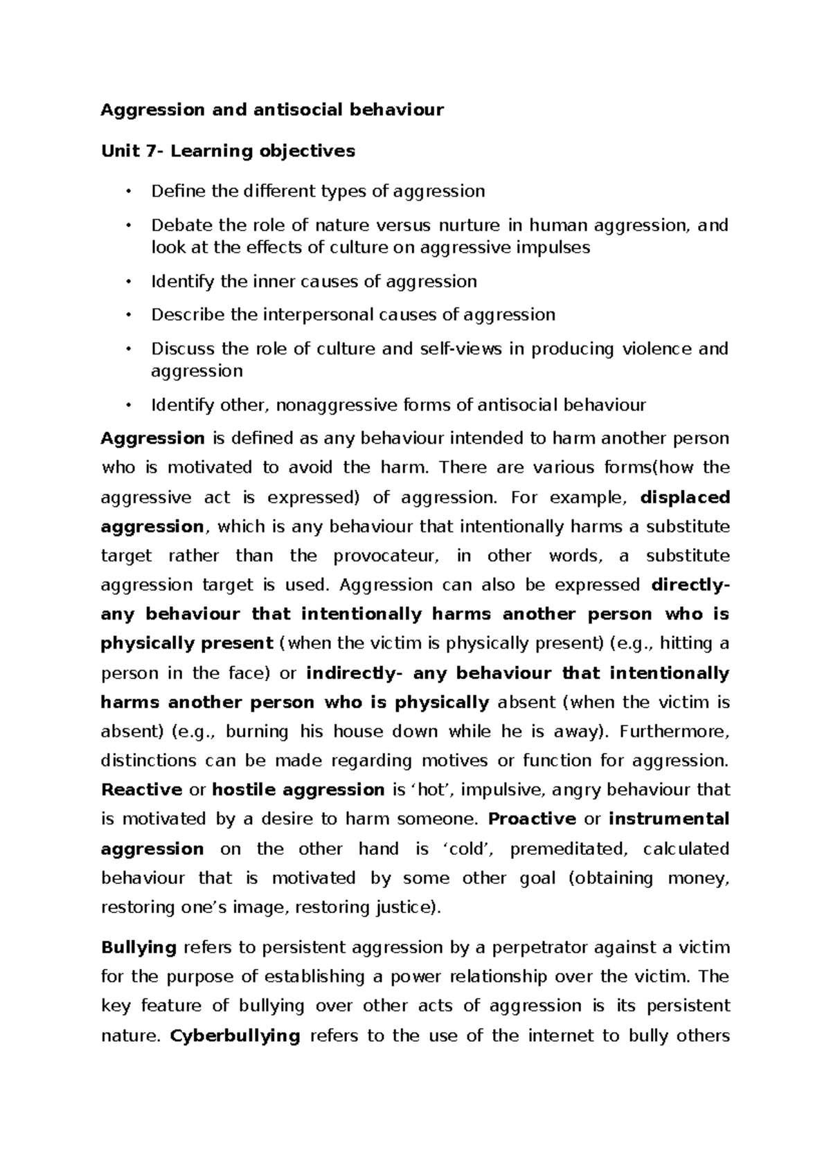 Unit 7 Summary: Aggression & Antisocial Behavior (PSY 101) - Studocu