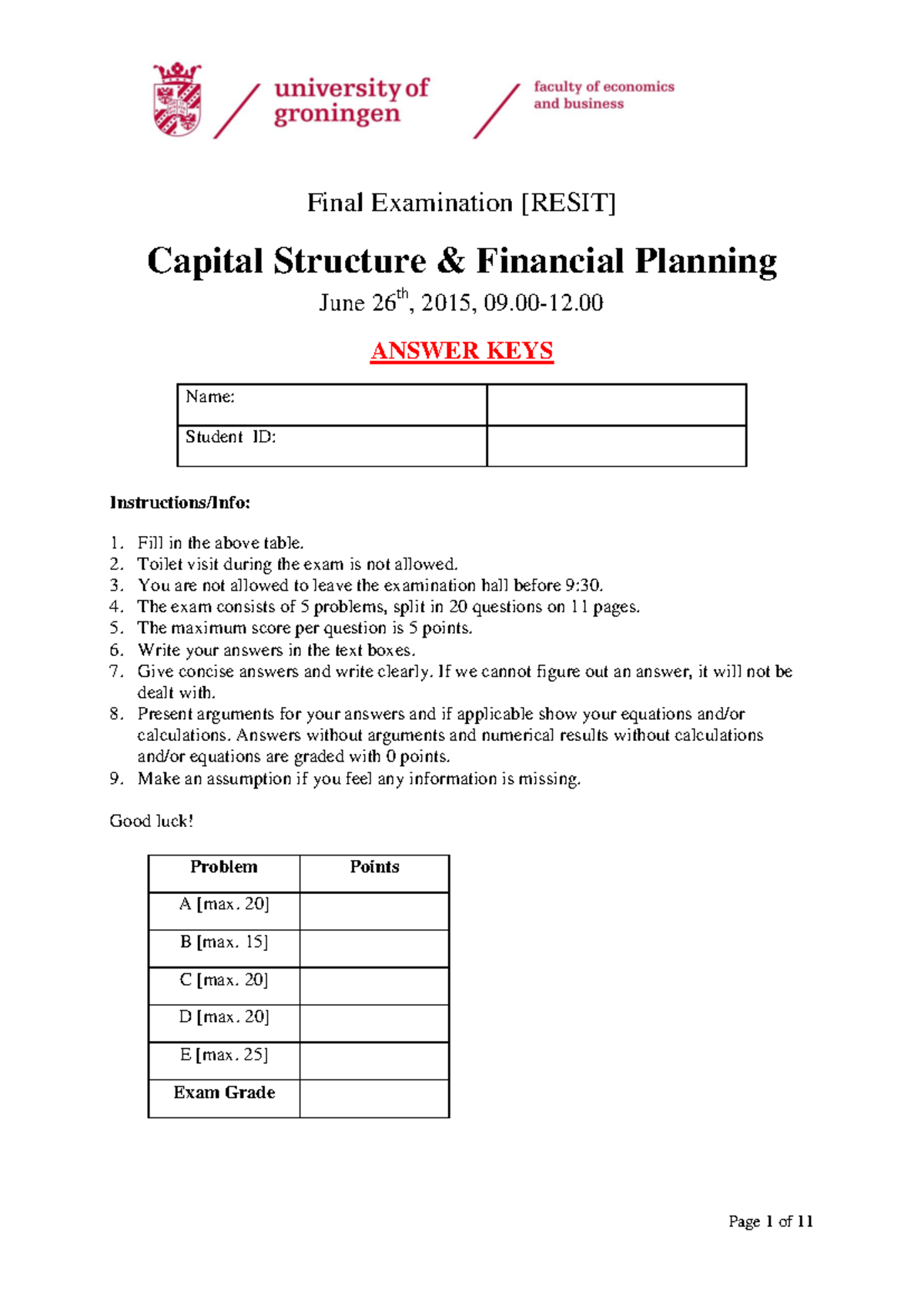 Final Exam [RESIT] - Capital Structure & Financial Planning Insights ...