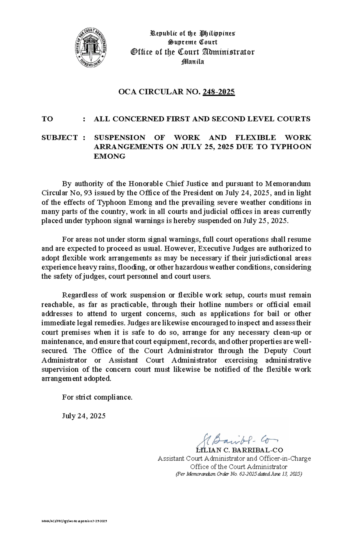 OCA Circular No. 248-2025: Work Suspension & Flex Work Due to Typhoon ...