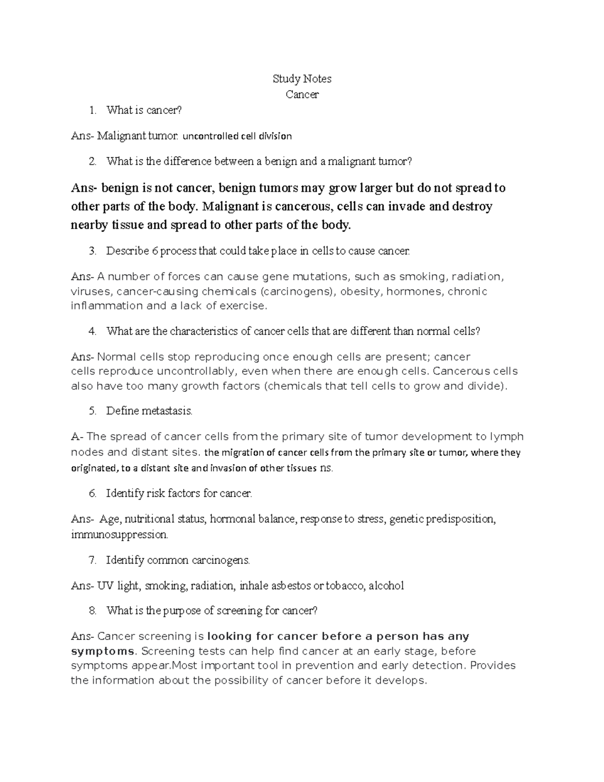 Study Notes Cancer (1) (2) - Study Notes Cancer 1. What is cancer? Ans ...