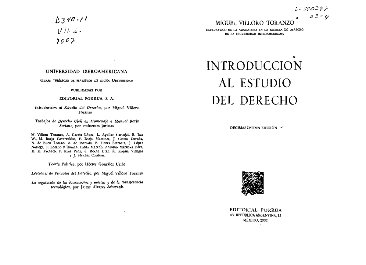 D340.11 Introducción al Estudio del Derecho por Miguel Villoro Toranzo