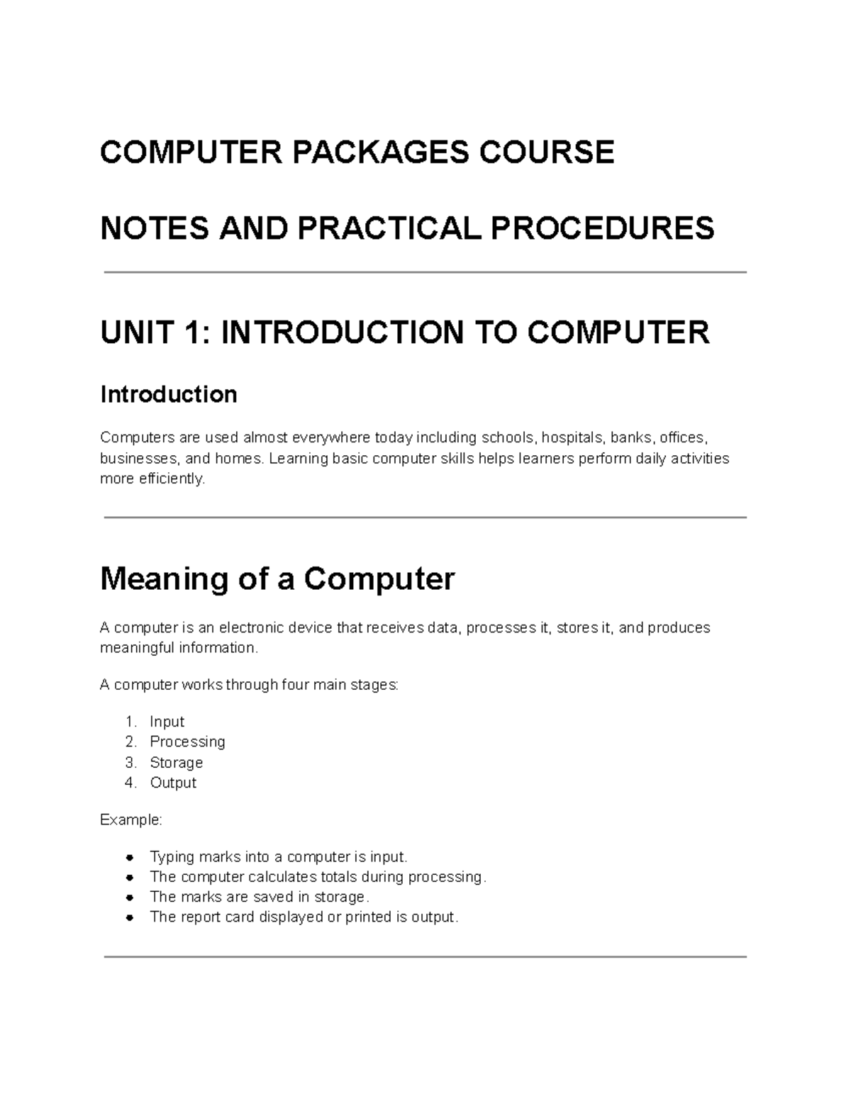 COMPUTER PACKAGES COURSE NOTES: UNIT 1-8 OVERVIEW - Studocu