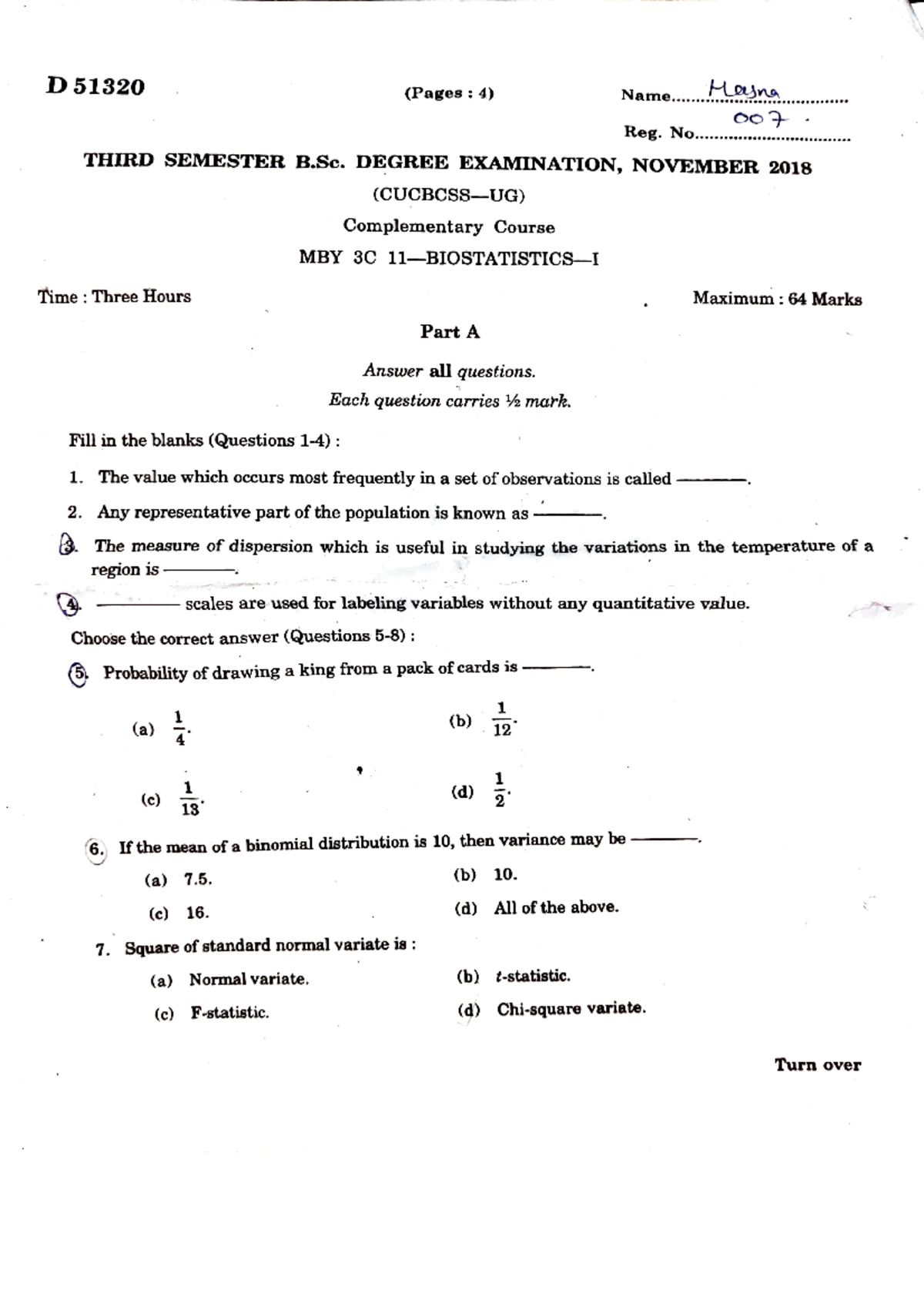 MBY 3C 11-BIOSTATISTICS-I Final Exam Question Paper, Nov 2018 - Studocu