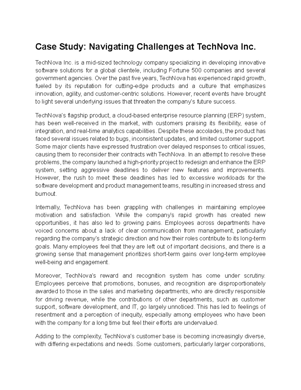 Tut 7 Case Study: Challenges and Strategies at TechNova Inc. - Studocu