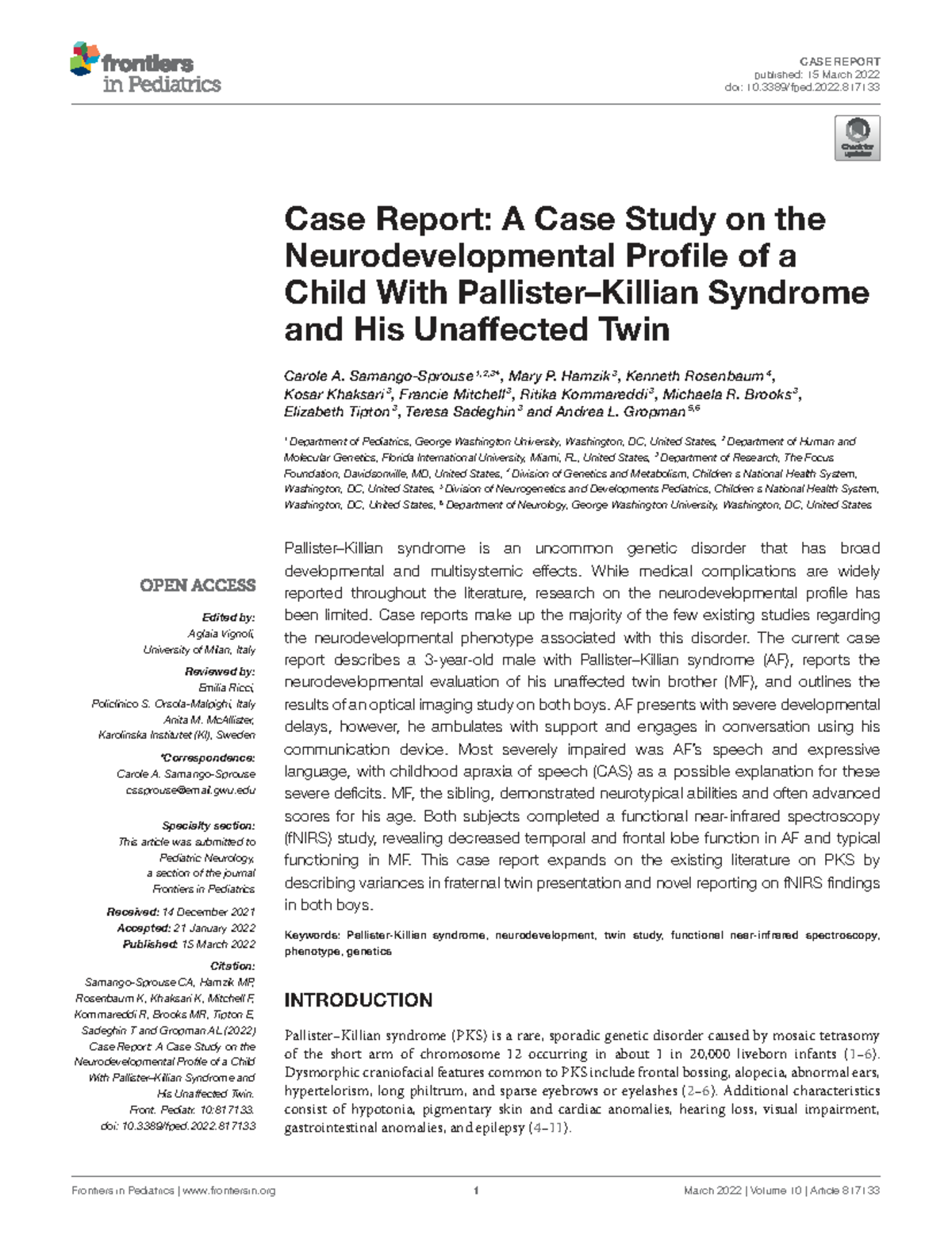 Final Case Report on Neurodevelopmental Profile of PKS Twins (Fped-10 ...