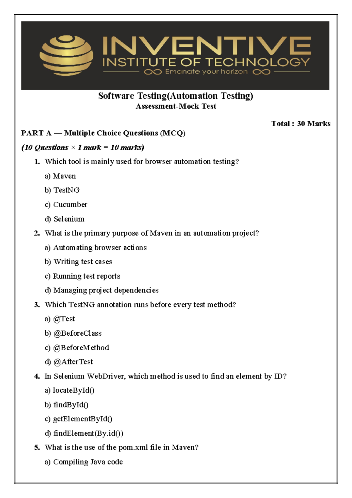 Software Testing (Automation Testing) Mock Test MCQs - Part A - Studocu