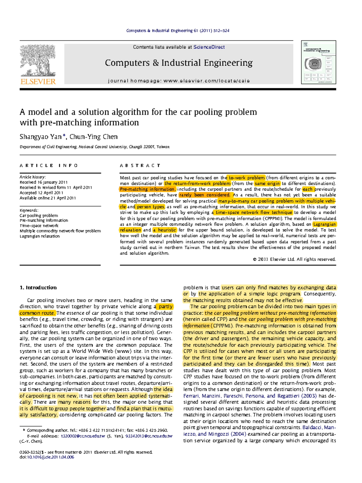 7-2011 A model and a solution algorithm for the car pooling problem ...