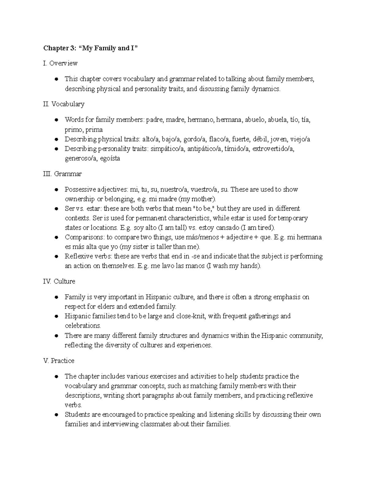 SPAN 130 Chapter 3 - Chapter 3: “My Family and I” I. Overview This ...