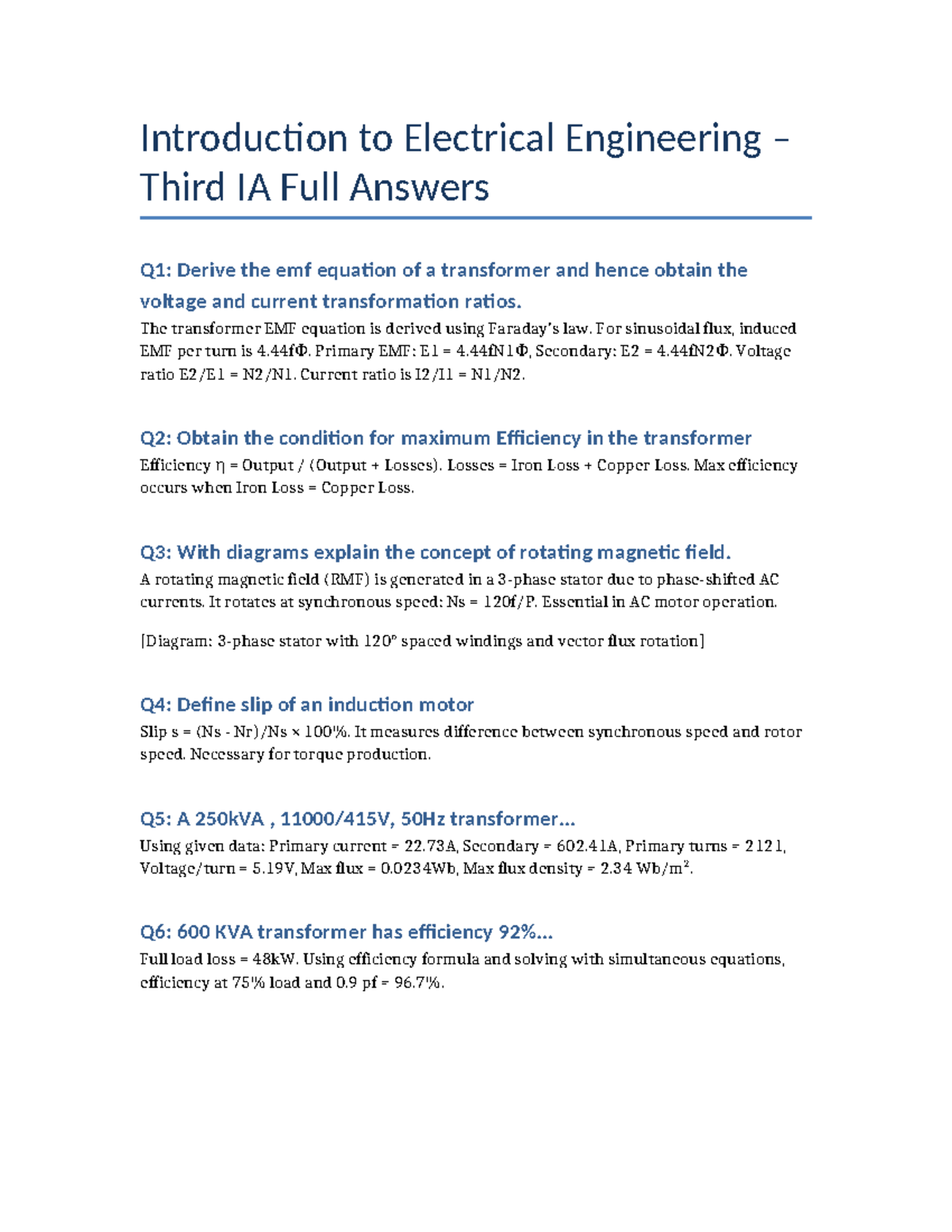 Third IA Electrical Engineering Complete Answers and Explanations - Studocu