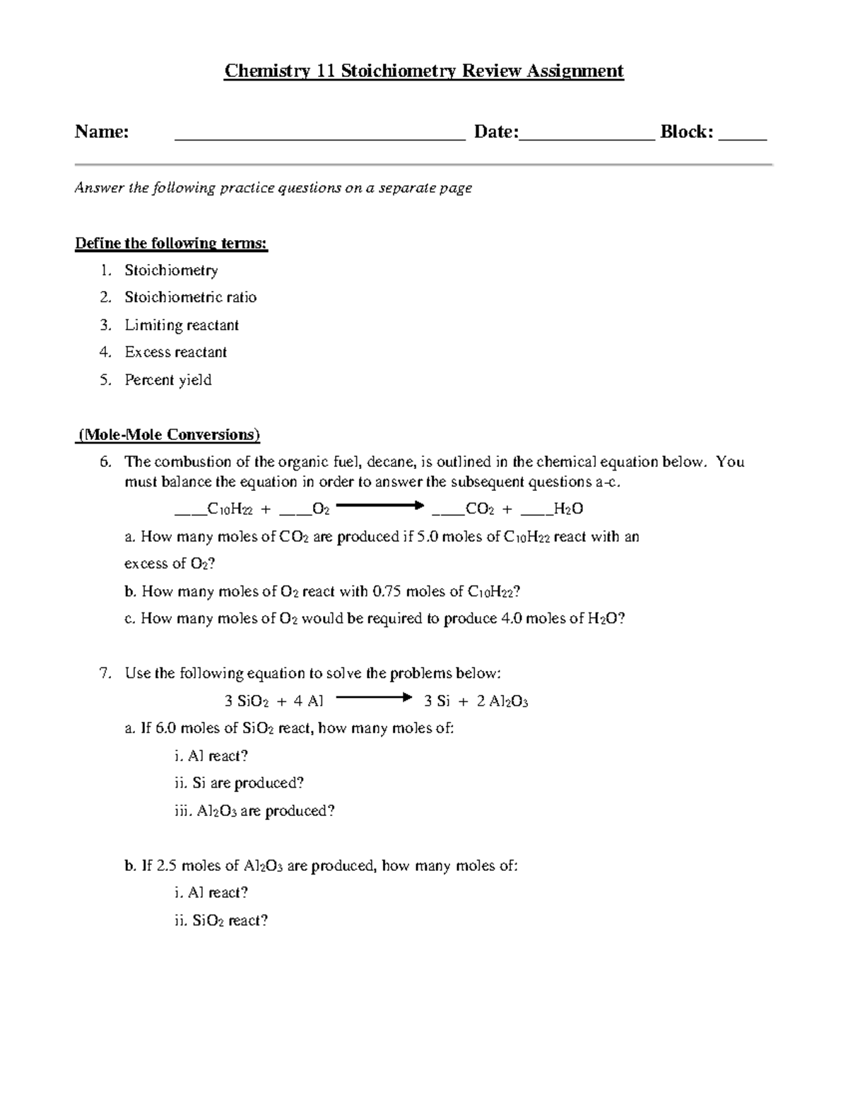 Stoichiometry review Practice Test - Chemistry 11 Stoichiometry Review ...