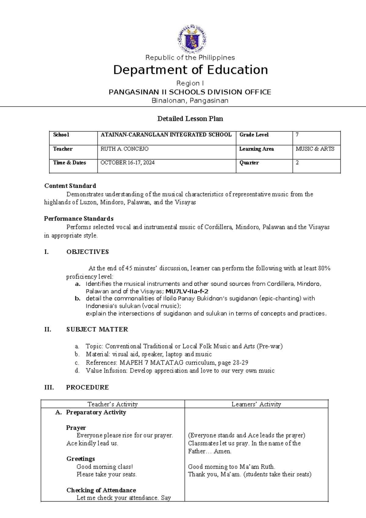 DLP: Detailed Lesson Plan for Grade 7 Music - Sugidanon and Folk Music ...