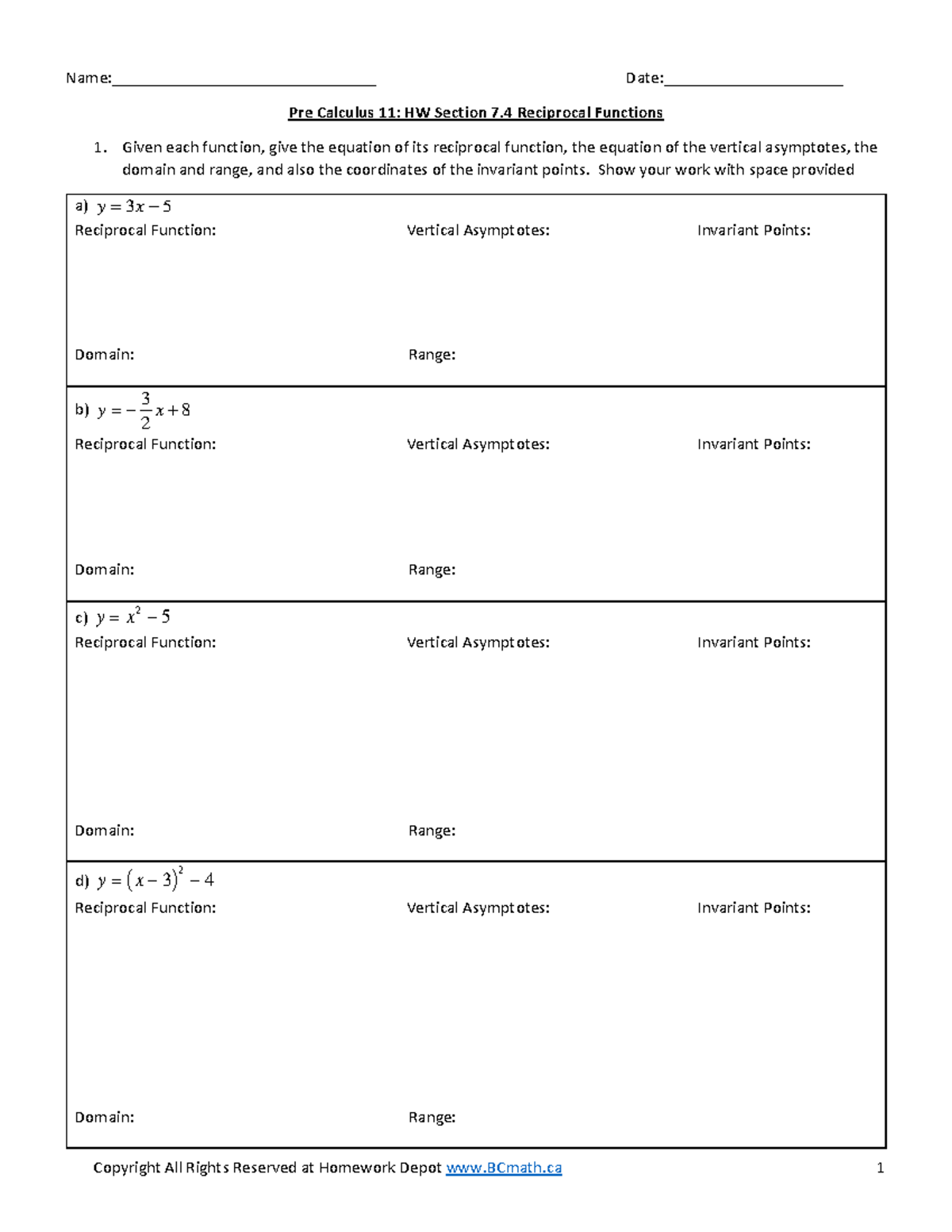 PreCal 11: HW 7.4 - Analyzing Reciprocal Functions and Graphs - Studocu